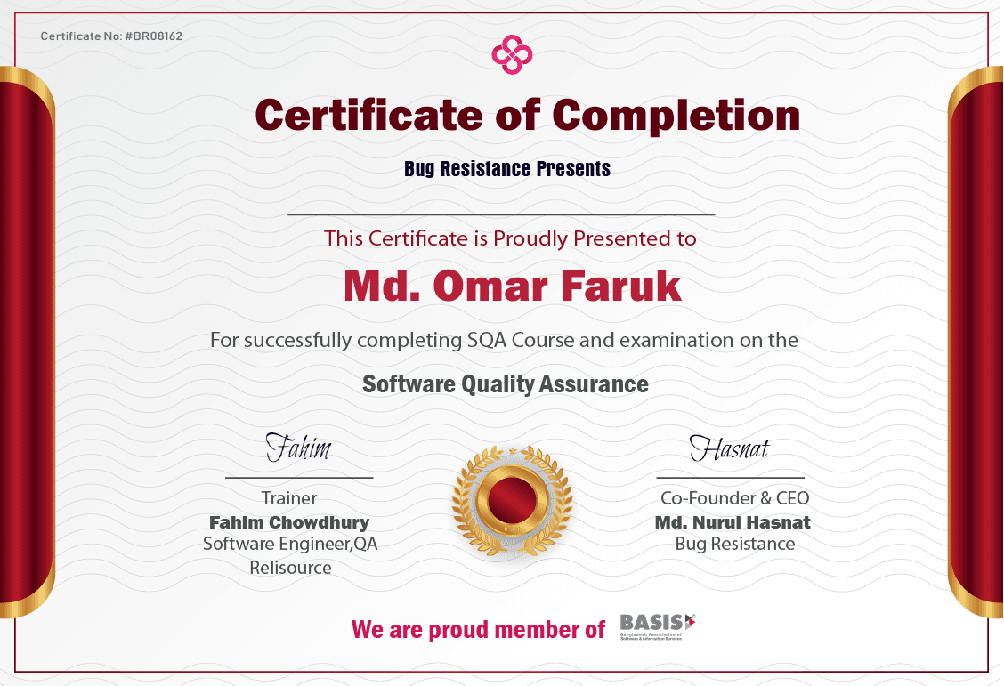 For Successfully Completing SQA Course and Examination on the Software Quality Assurance